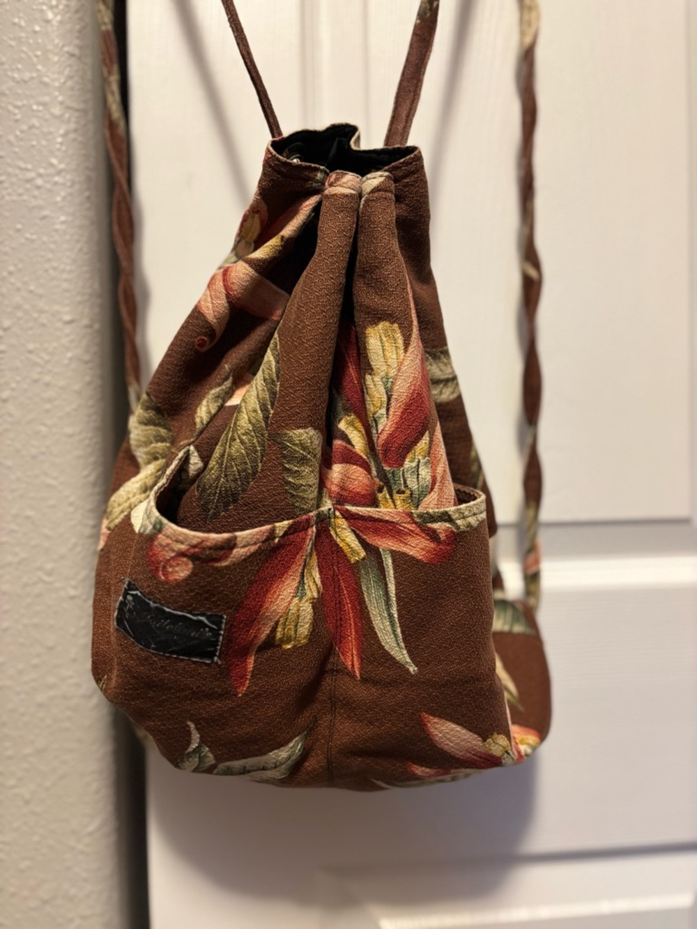 Brown Floral Drawstring Shoulder Bag